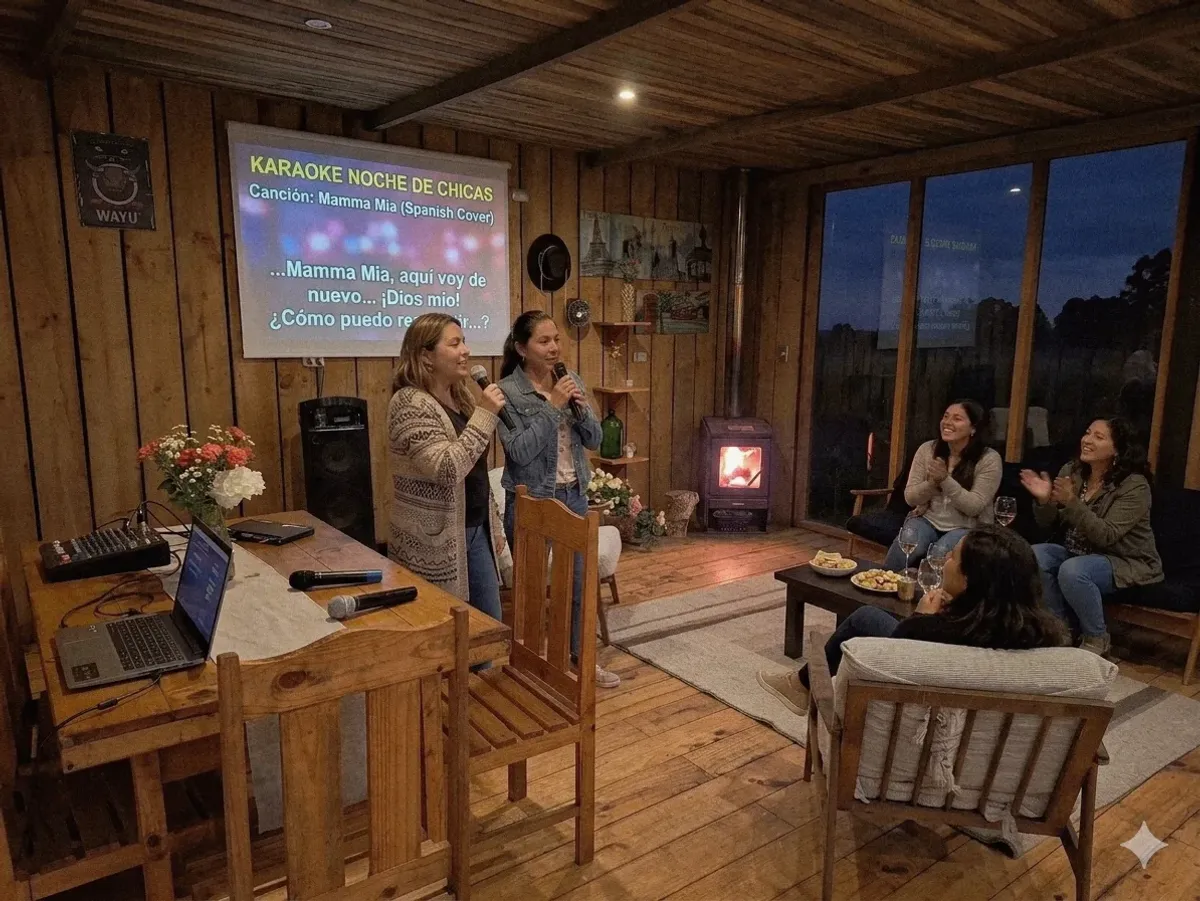 Noche de karaoke en el quincho de Lomatanzas, con estufa a leña y proyector
